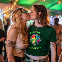 Load image into Gallery viewer, Funny St. Patrick's Day LGBTQ+ T-Shirt - 'KISS ME I'M QUEER' with Pride Shamrock Design